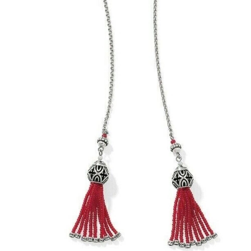 Brighton BOHO ROOTS Lariat RED Beads Silver Necklace Tassel Western Jewelry